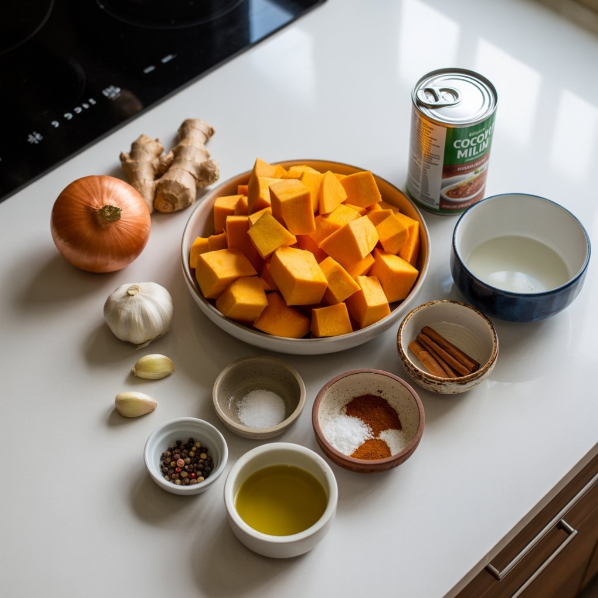 pumpkin soup ingredients on kitchen counter with spices and coconut milk