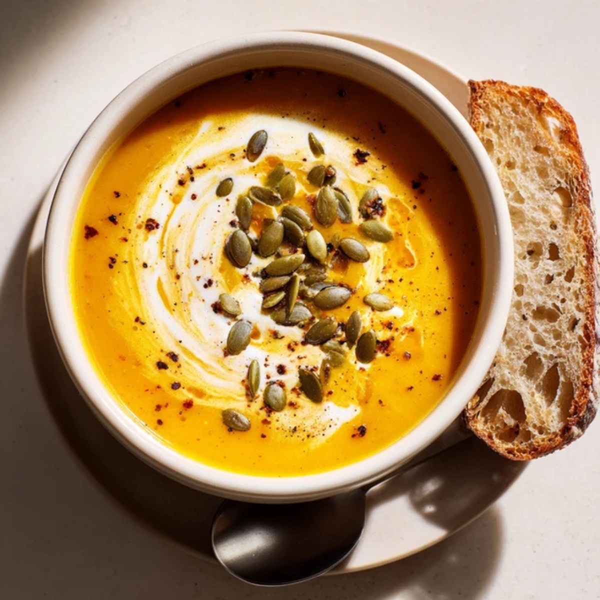 creamy pumpkin soup with coconut milk swirl and toasted pumpkin seeds