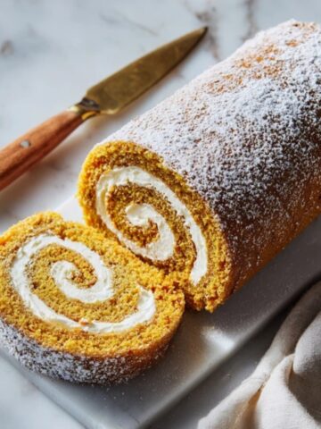 pumpkin spice roll cake with cream cheese filling sliced on counter