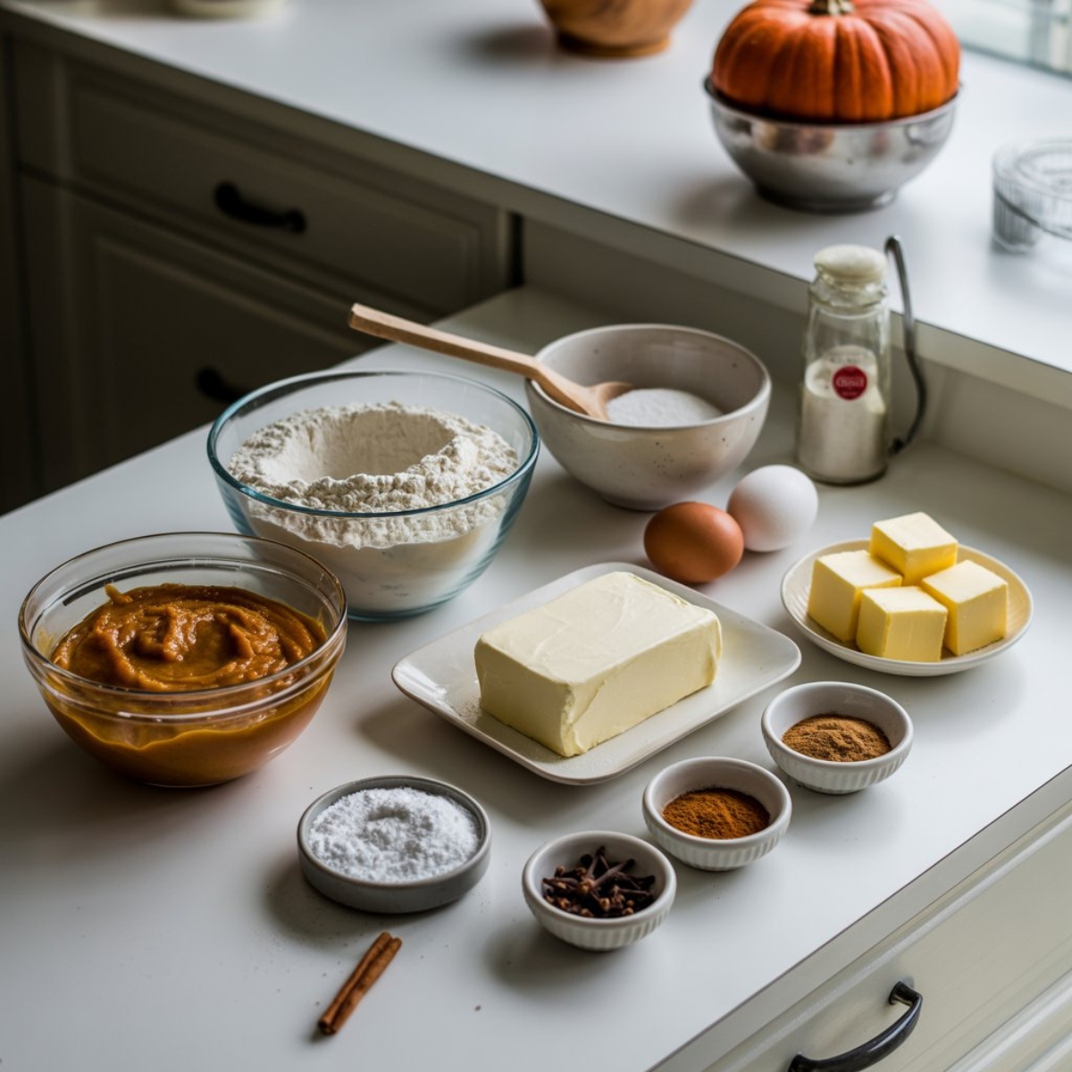 pumpkin spice roll cake ingredients flat lay on counter