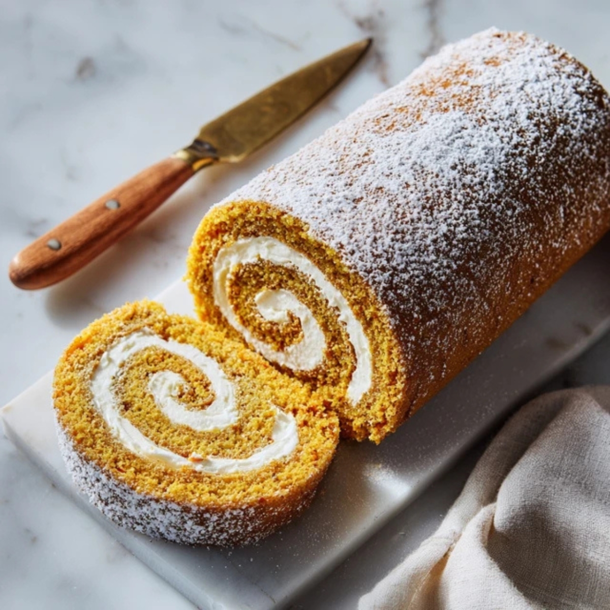 pumpkin spice roll cake with cream cheese filling sliced on counter