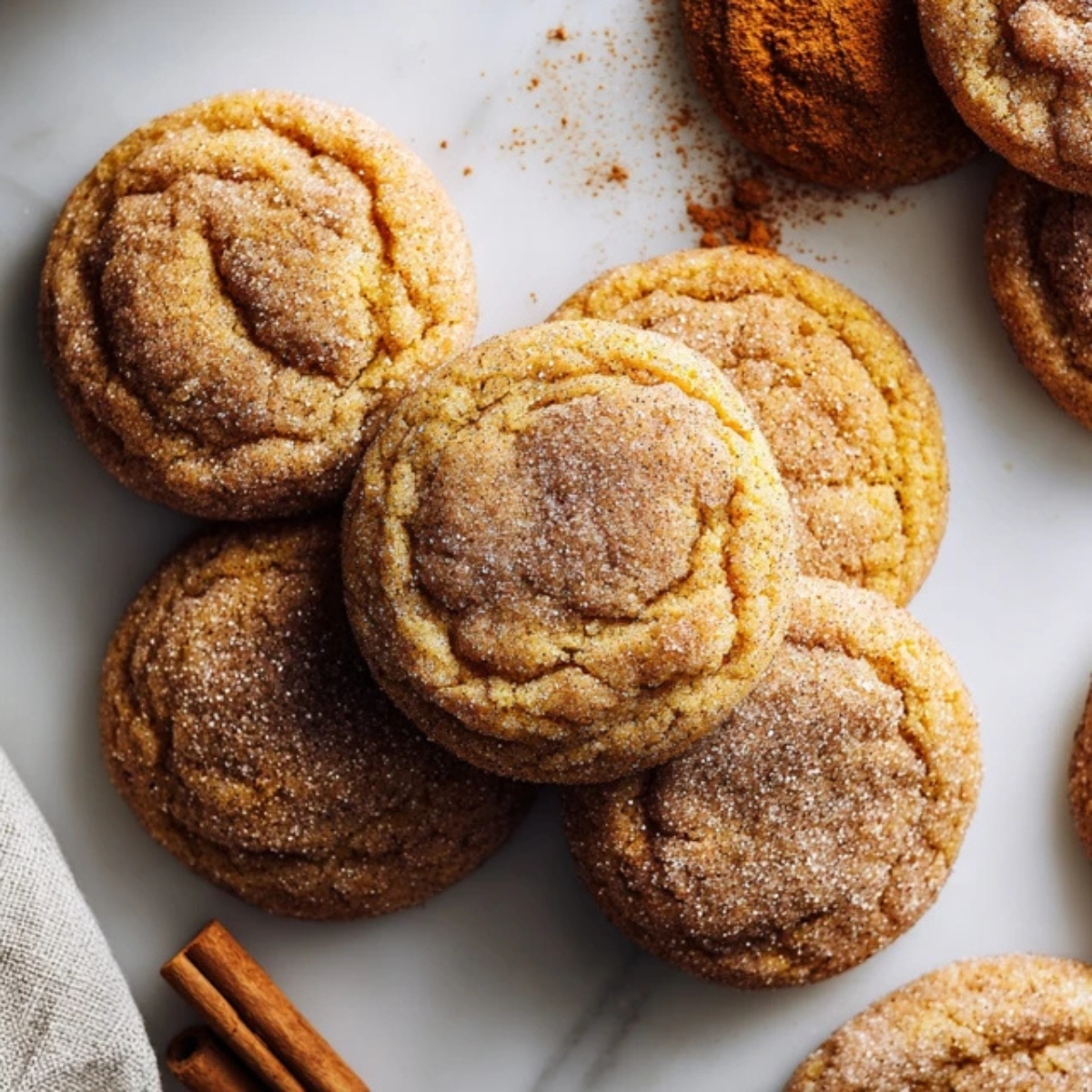 soft chewy pumpkin spice sugar cookies on white counter
