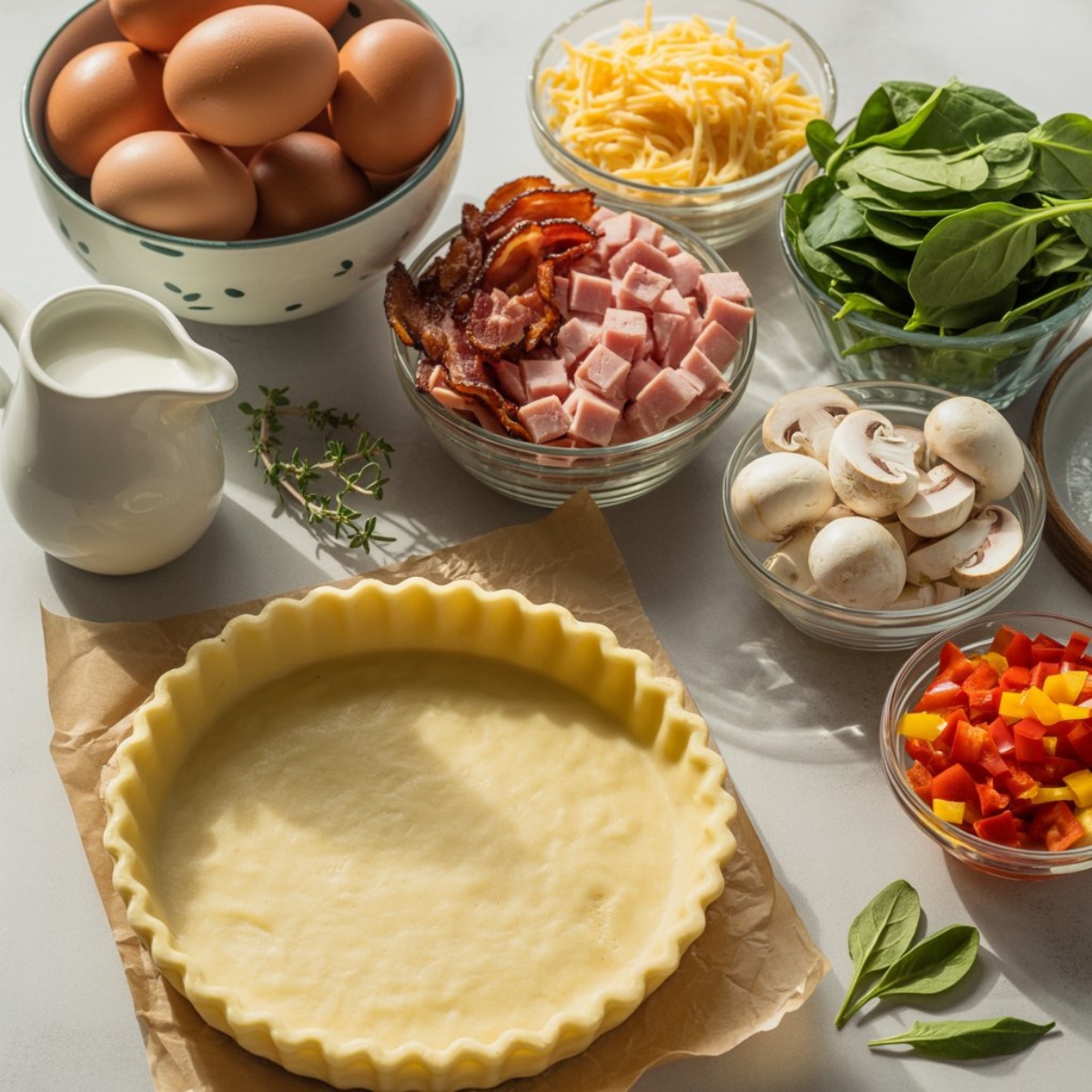 Fresh ingredients for quiche breakfast including eggs, cheese, ham, spinach, and mushrooms