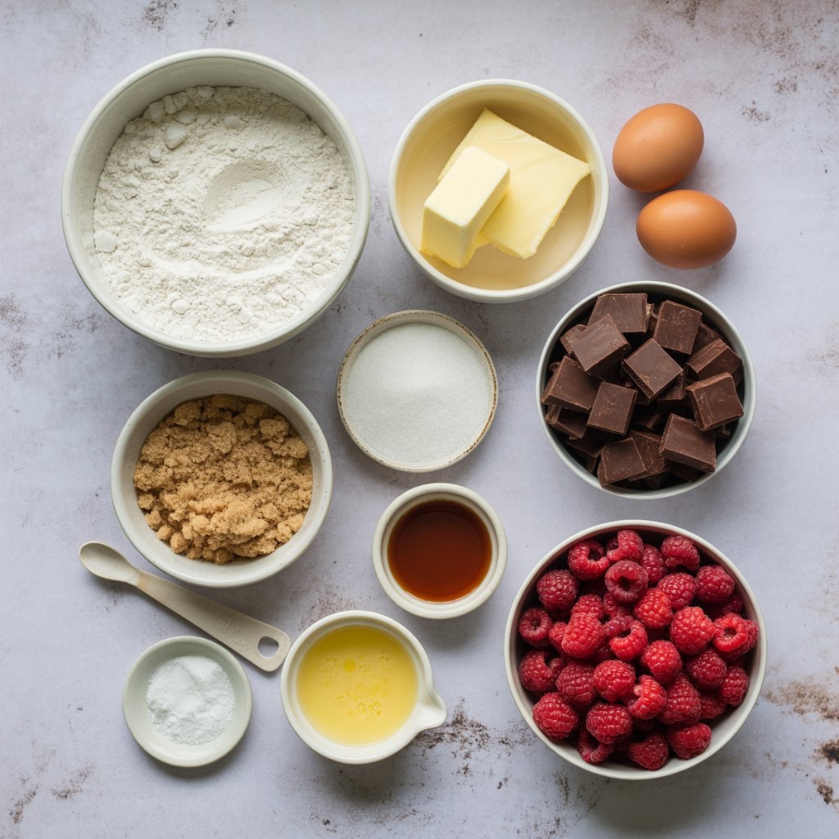 Ingredients for raspberry chocolate chunk cookies with raspberries and chocolate chunks on counter