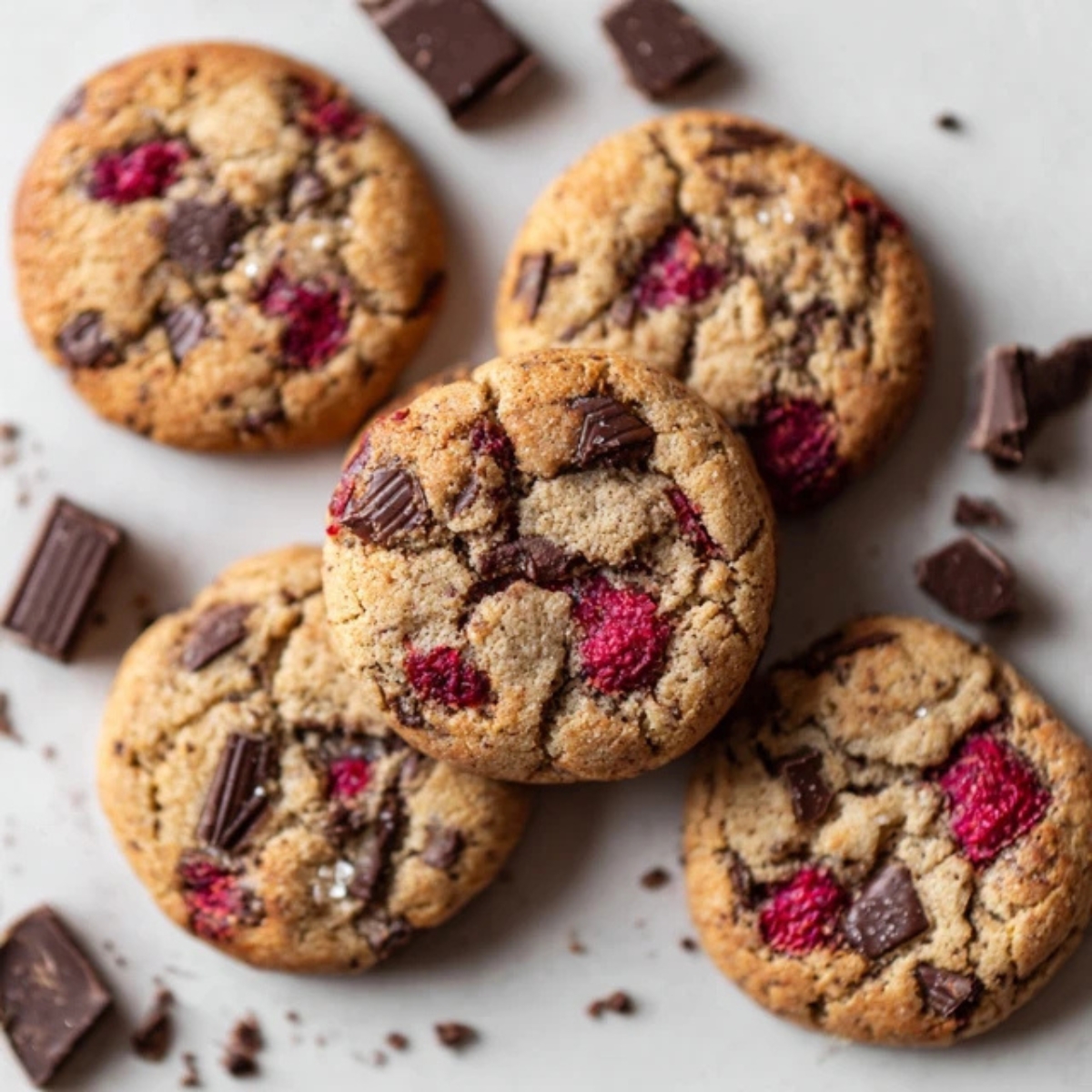 Homemade raspberry chocolate chunk cookies with fresh raspberries and dark chocolate chunks on white counter
