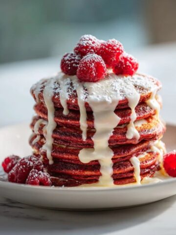 Fluffy red velvet pancakes with cream cheese glaze and raspberries