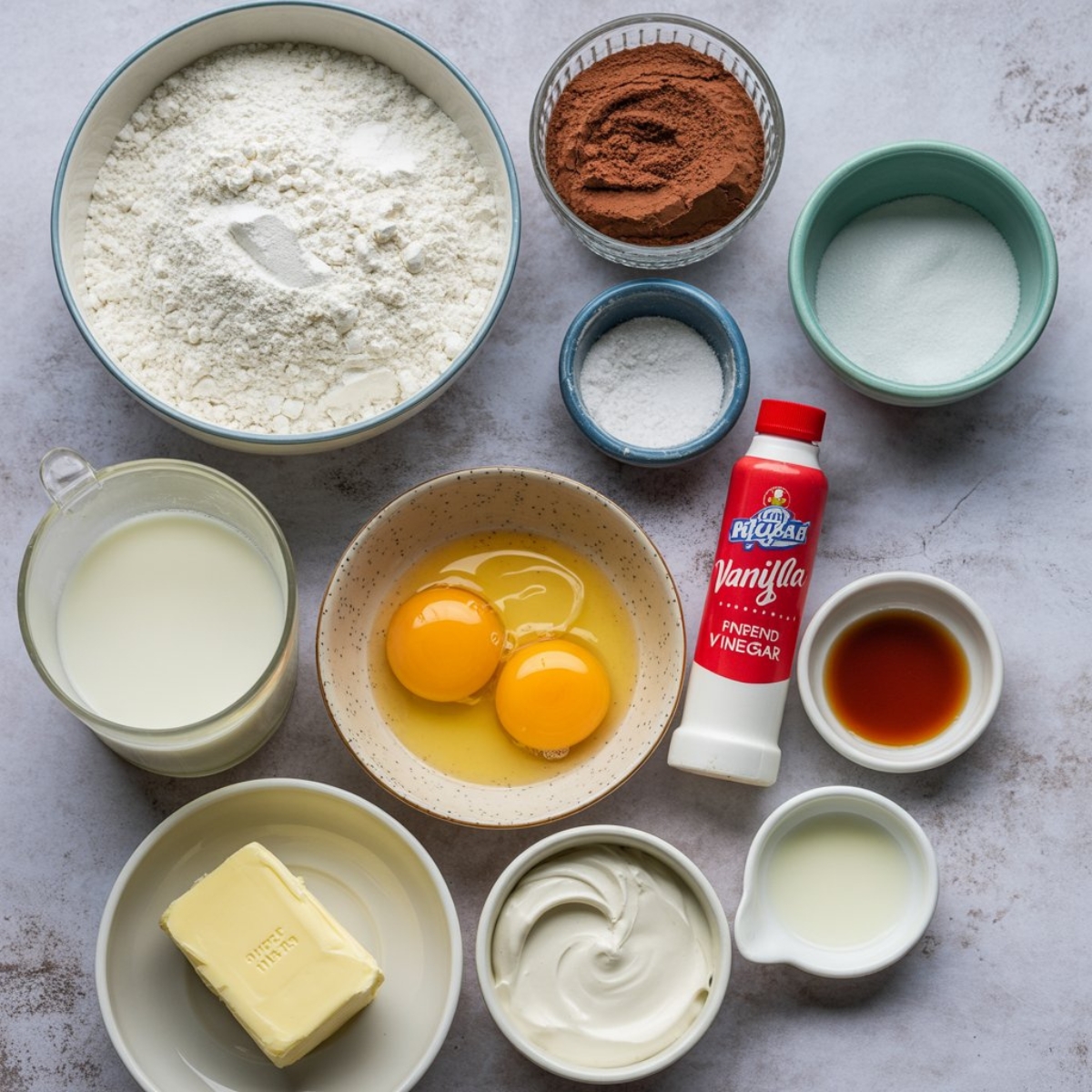 Red velvet pancake ingredients neatly arranged on counter