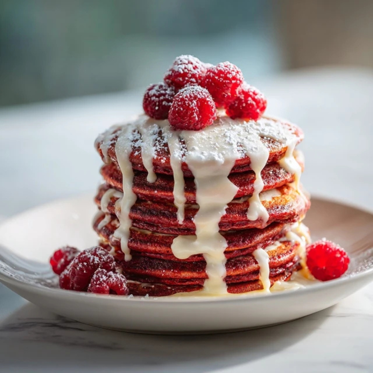 Fluffy red velvet pancakes with cream cheese glaze and raspberries