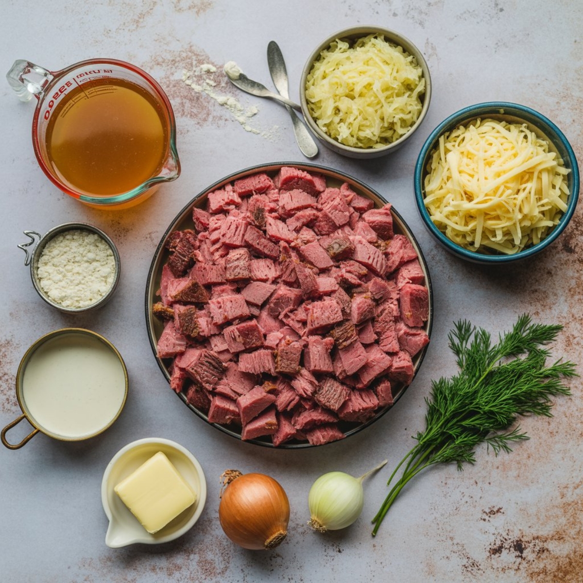 ingredients for creamy reuben soup with corned beef and sauerkraut