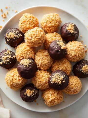 homemade rice krispies peanut butter balls with chocolate coating