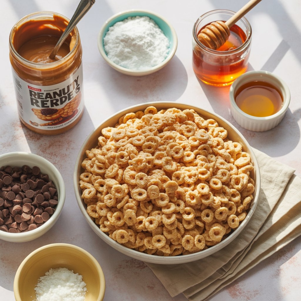 ingredients for rice krispies peanut butter balls on counter