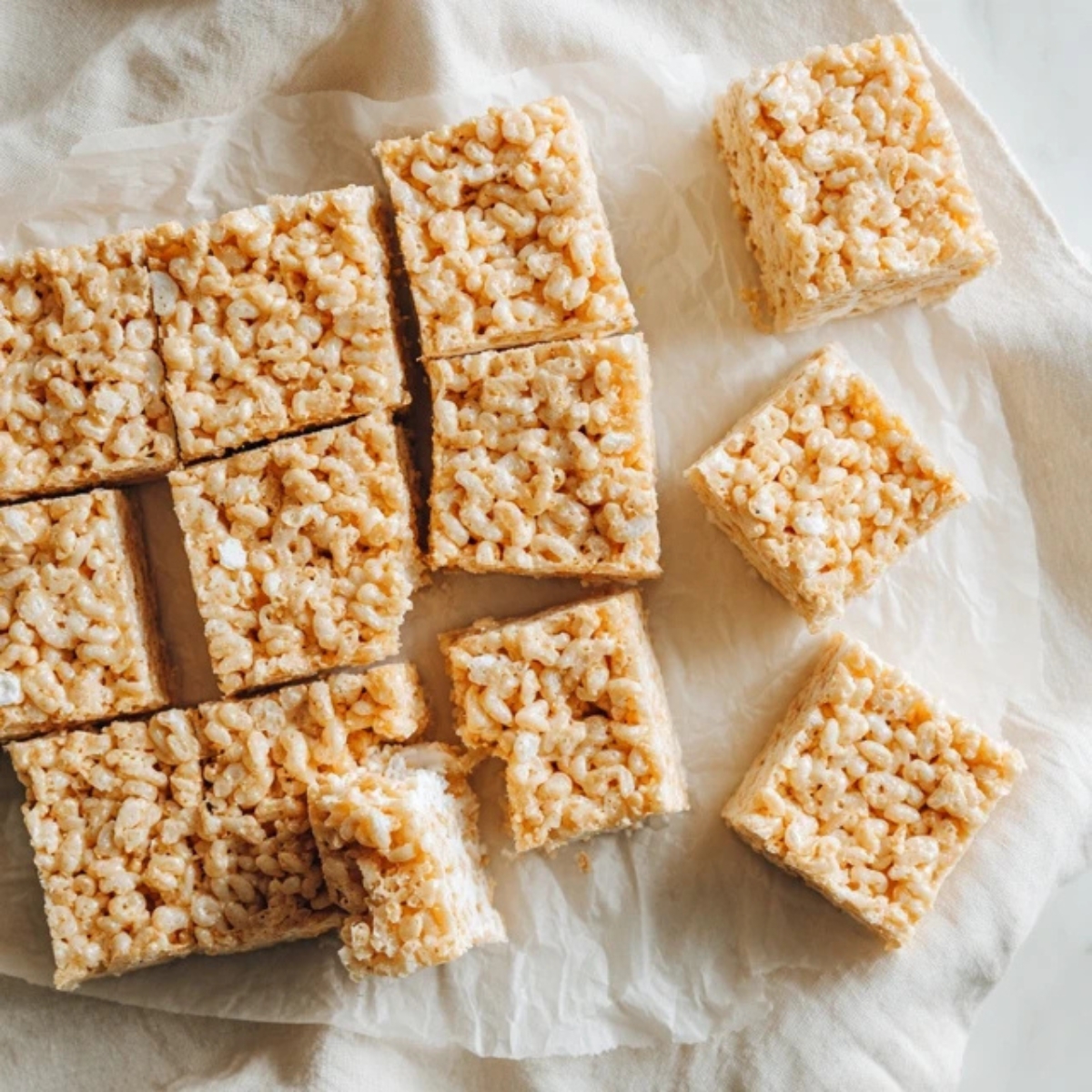gooey homemade rice krispies treats cut into squares on white counter