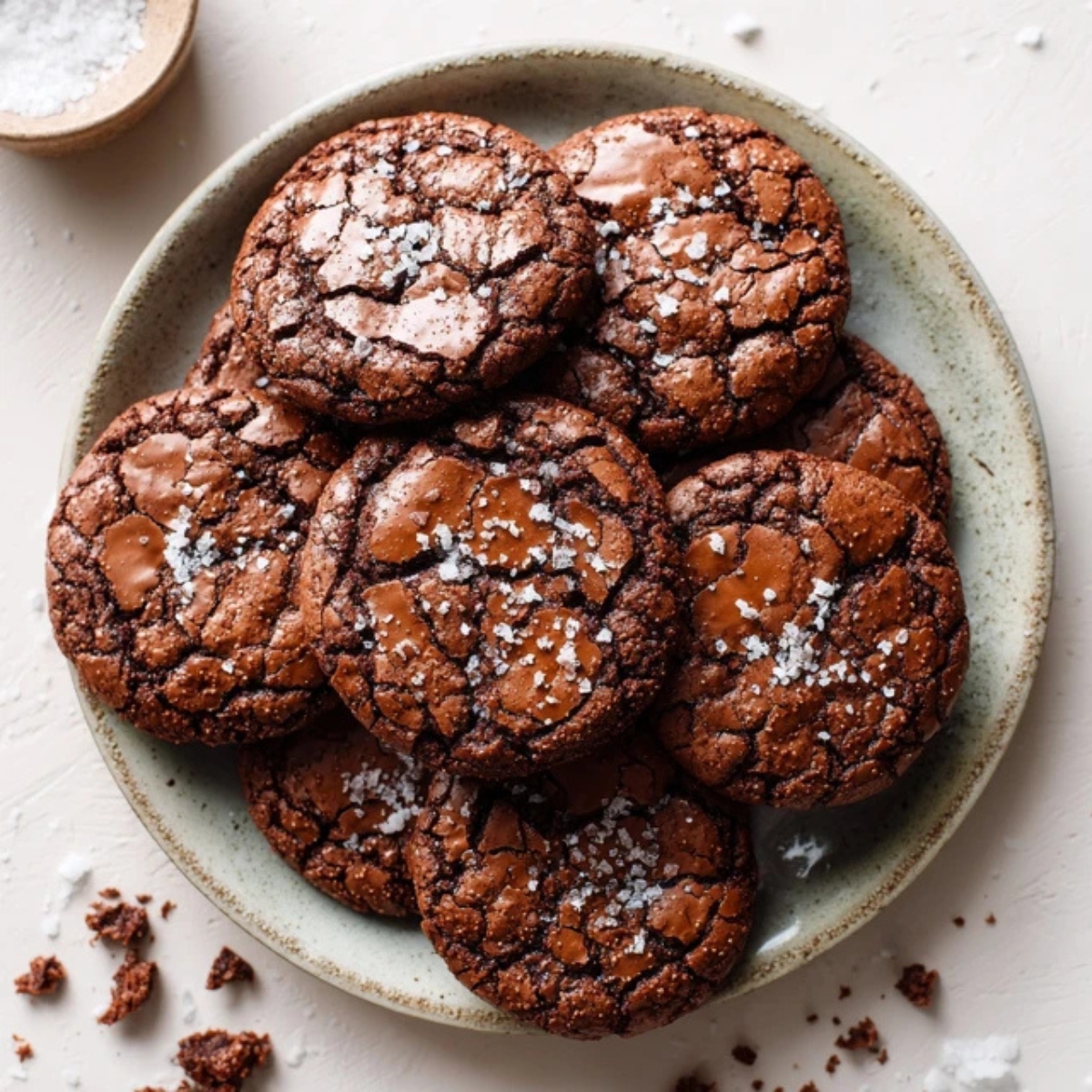 fudgy salted brownie cookies with sea salt on top