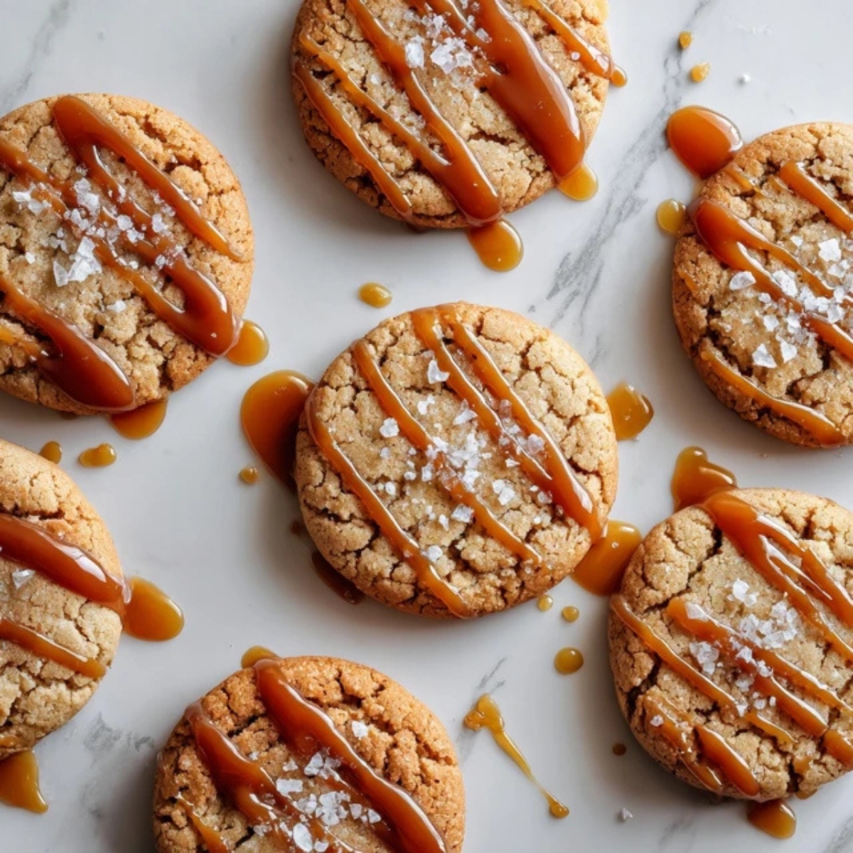 chewy salted caramel cookies with caramel drizzle