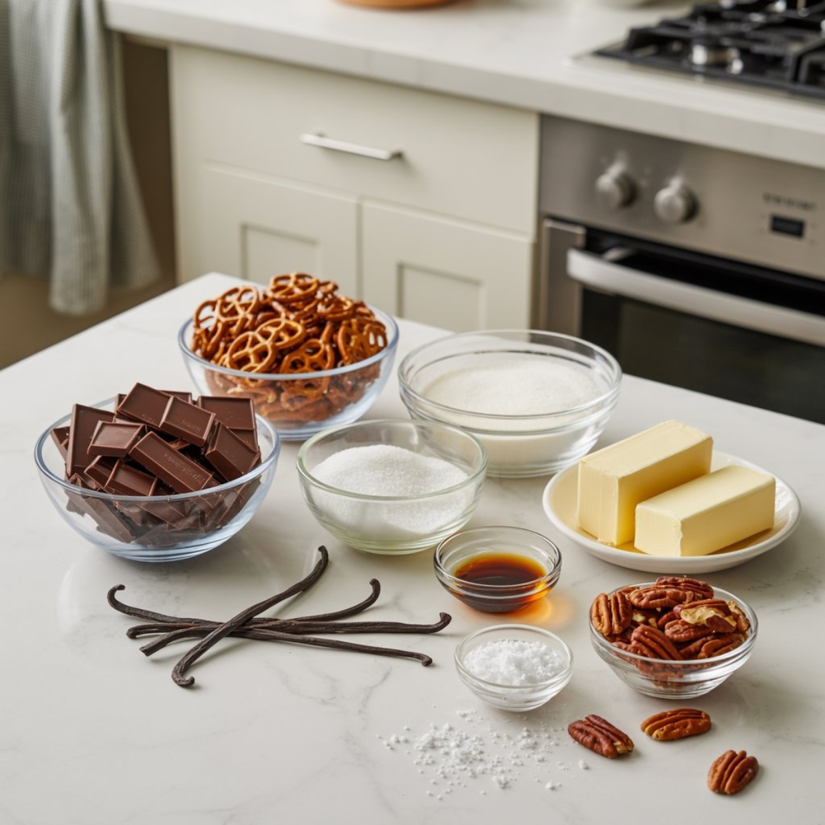 Ingredients for salted caramel pretzel bark including chocolate, pretzels, caramel, and sea salt