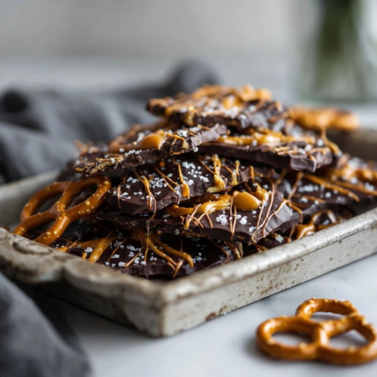 Salted caramel pretzel bark with chocolate, caramel drizzle, and pretzels