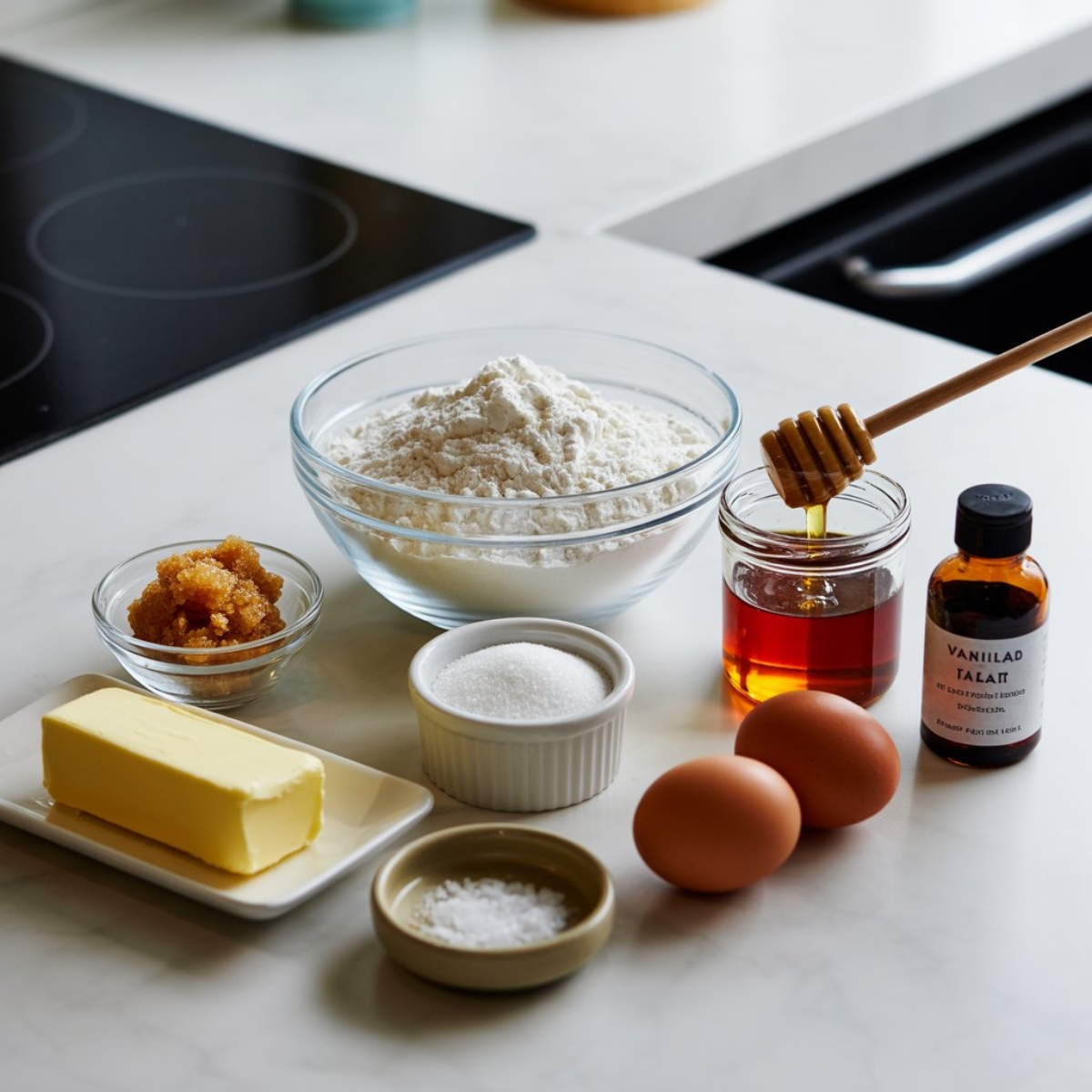 Salted honey cookie ingredients with flour butter sugar honey eggs and sea salt