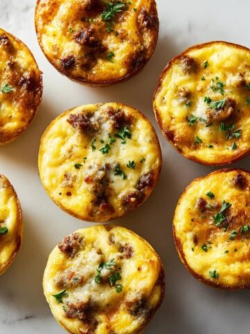 Golden sausage egg muffins on white kitchen counter