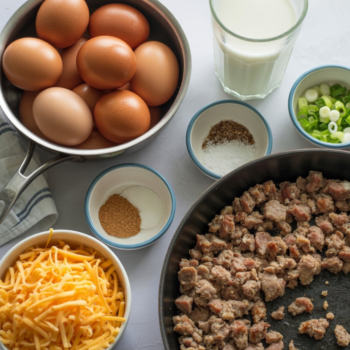 Sausage egg muffin ingredients on white counter
