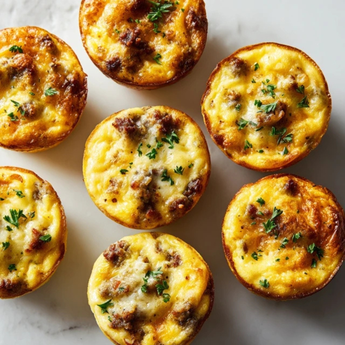Golden sausage egg muffins on white kitchen counter