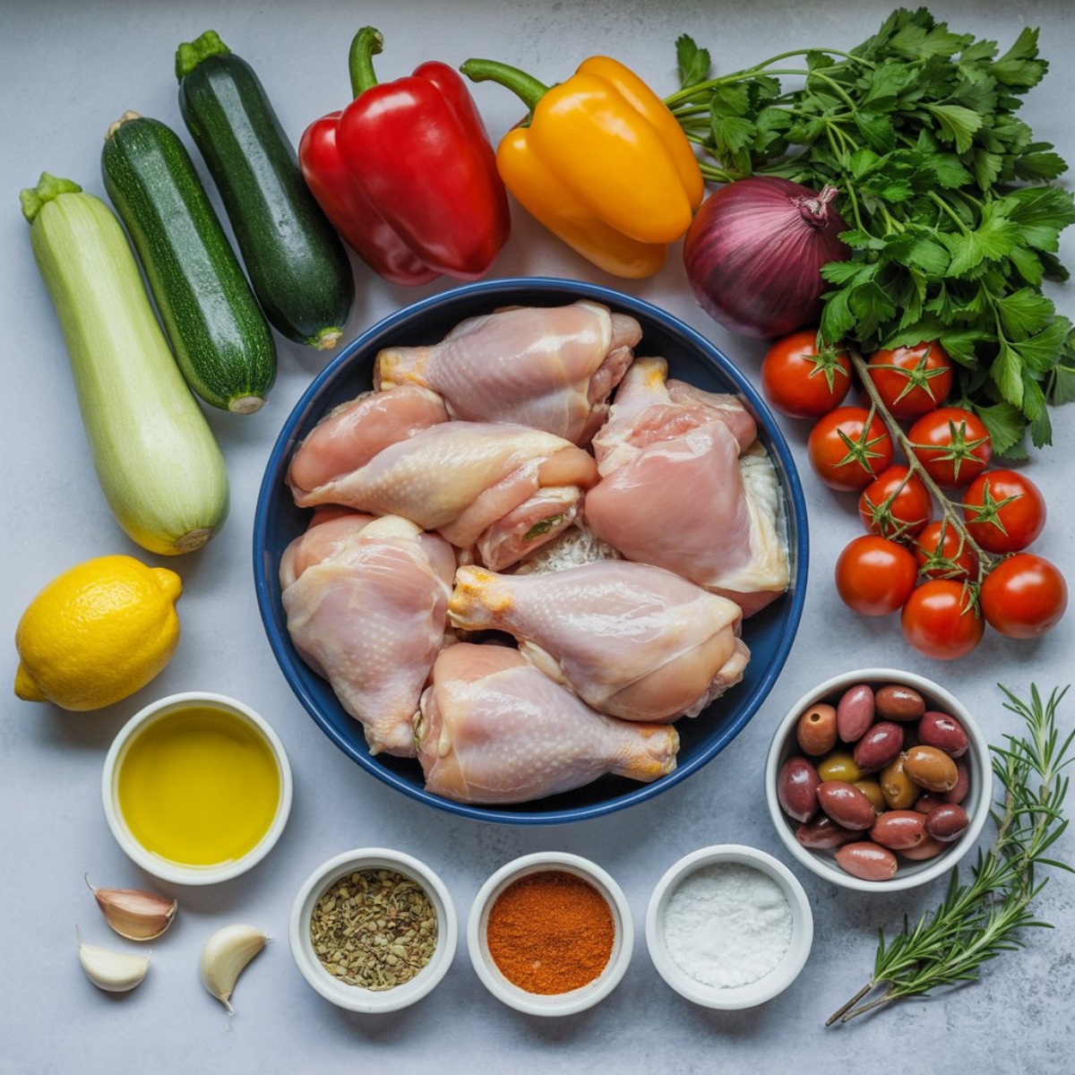 Ingredients for sheet pan Mediterranean chicken with herbs and vegetables