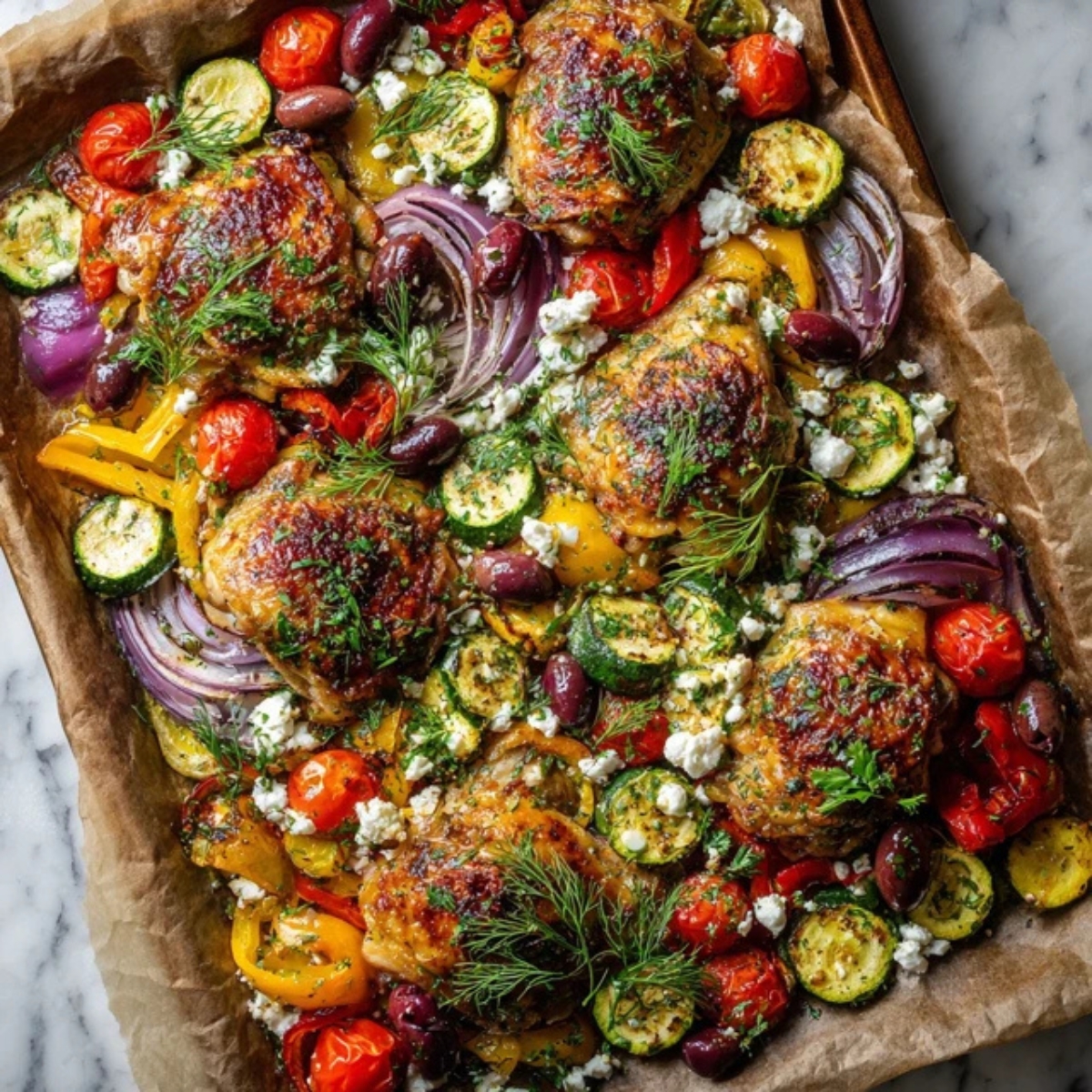 Homemade sheet pan Mediterranean chicken with roasted vegetables