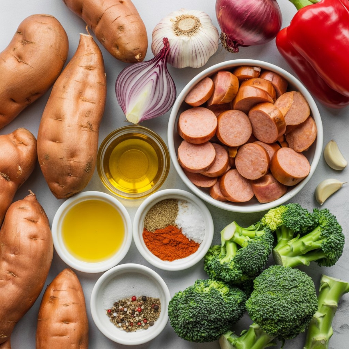 Raw ingredients for sheet pan sausage and sweet potatoes neatly arranged on counter