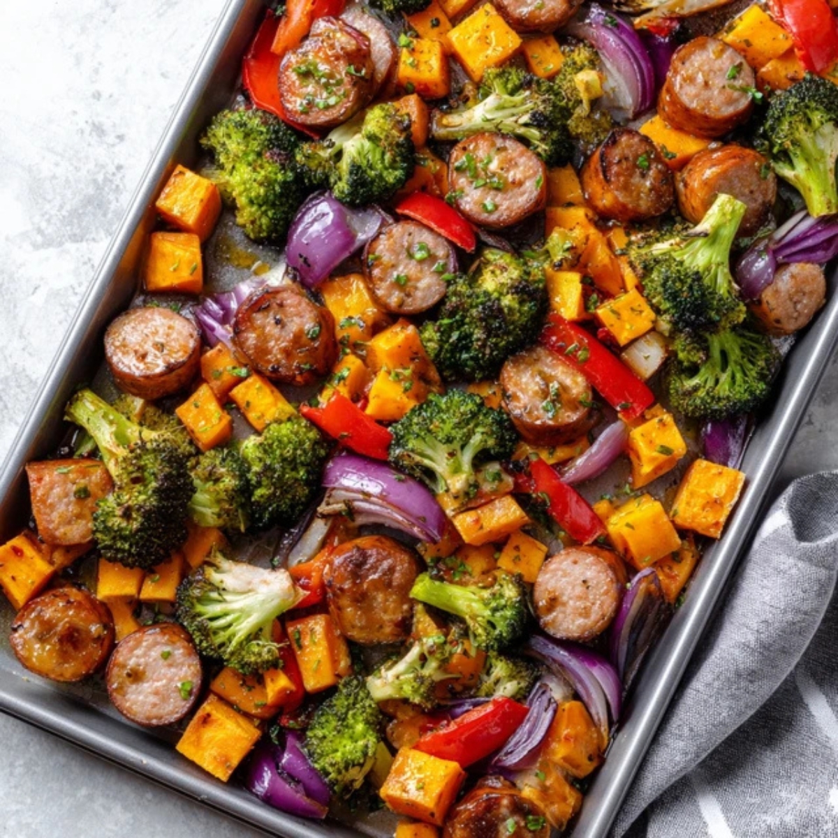 Sheet pan sausage and sweet potatoes with roasted veggies on white kitchen counter