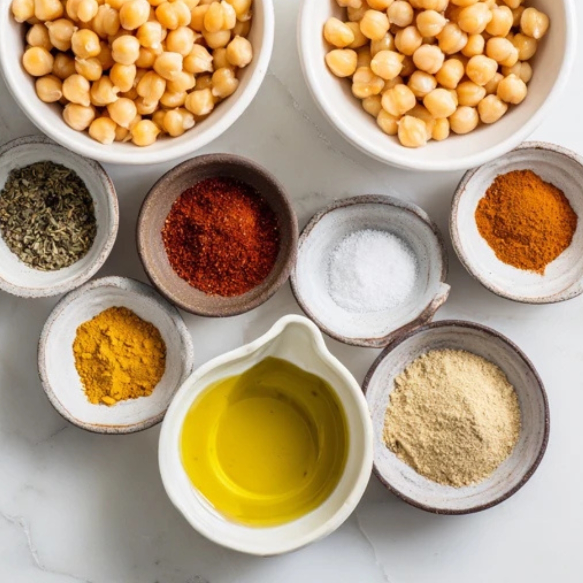 Ingredients for spicy roasted chickpeas on white kitchen counter