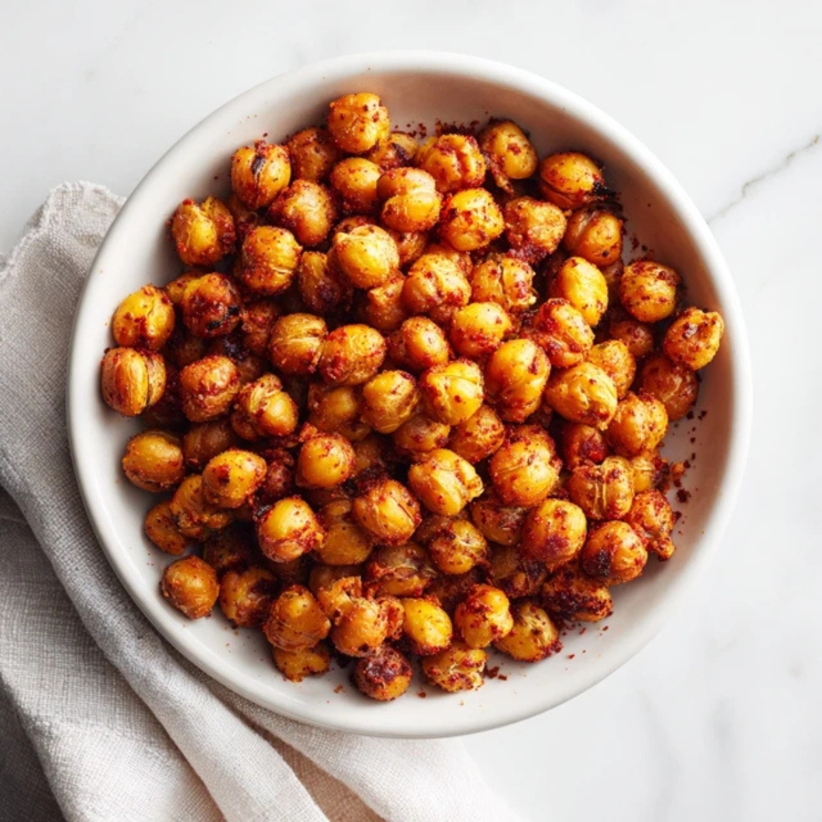 Crispy spicy roasted chickpeas in a white bowl on kitchen counter