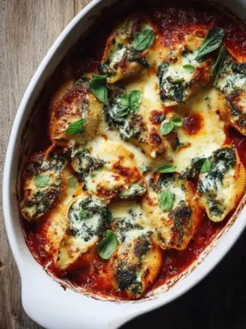 spinach and ricotta stuffed shells baked with marinara and basil
