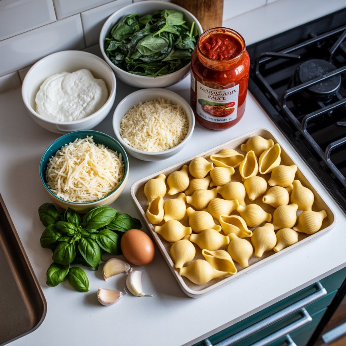 ingredients for spinach and ricotta stuffed shells on kitchen counter