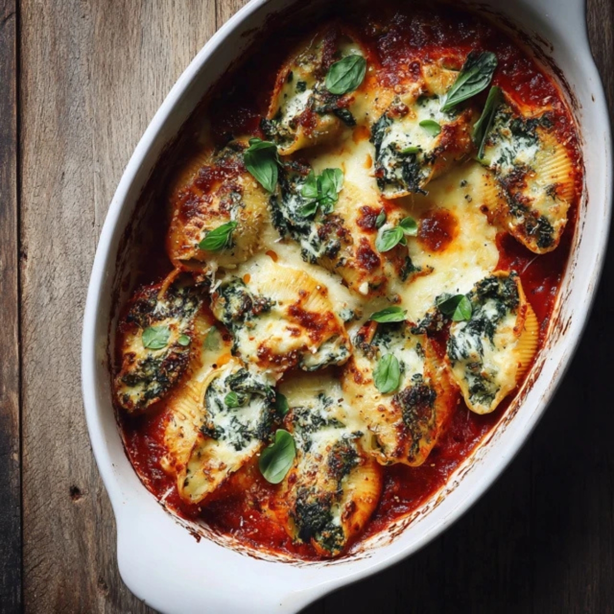 spinach and ricotta stuffed shells baked with marinara and basil