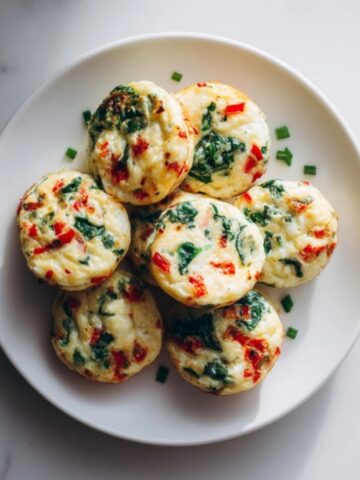 Homemade Starbucks egg white bites on a plate with spinach and red peppers
