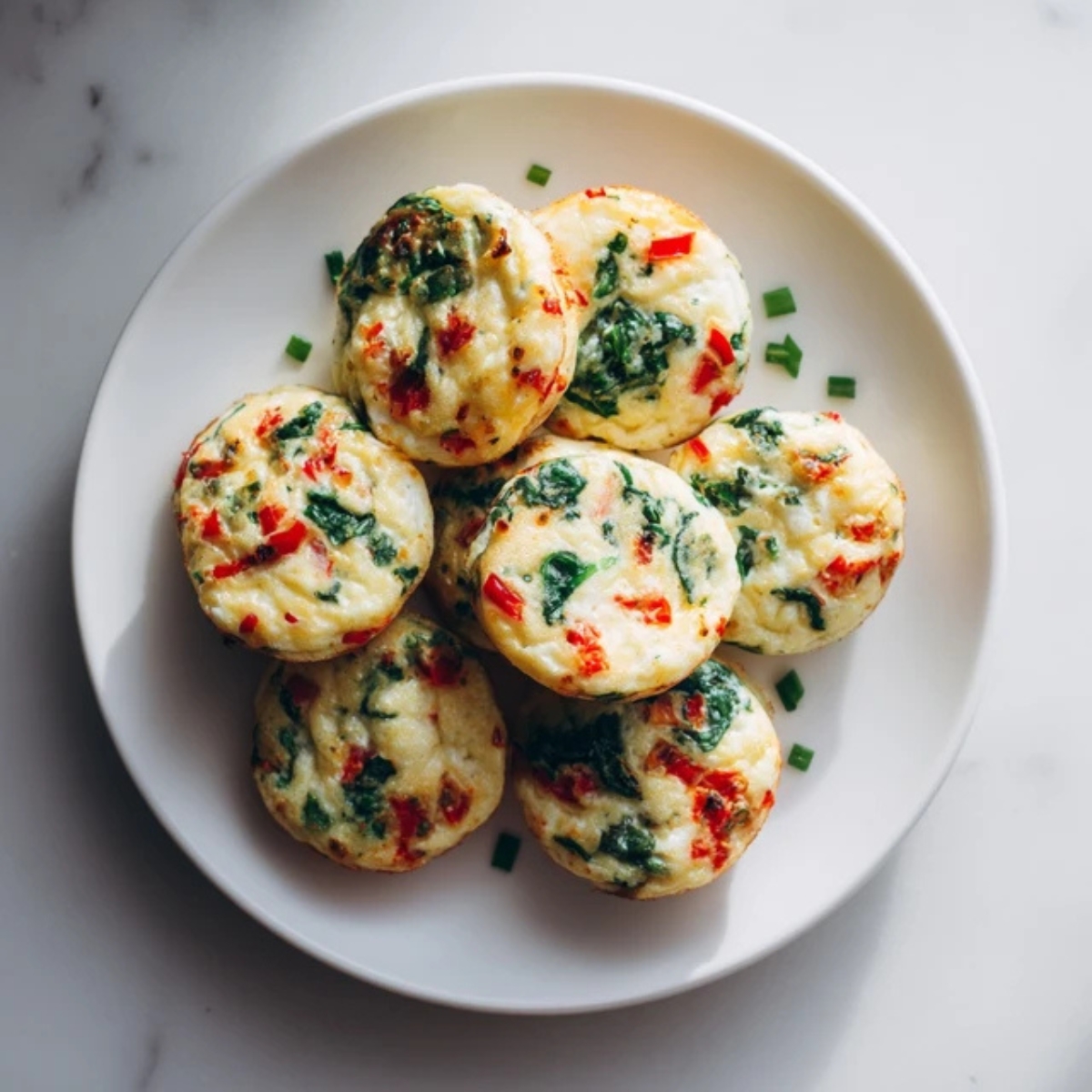 Homemade Starbucks egg white bites on a plate with spinach and red peppers
