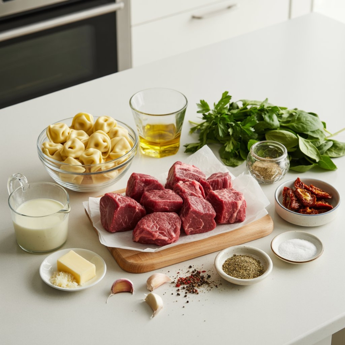 fresh ingredients for creamy steak tortellini laid out on counter