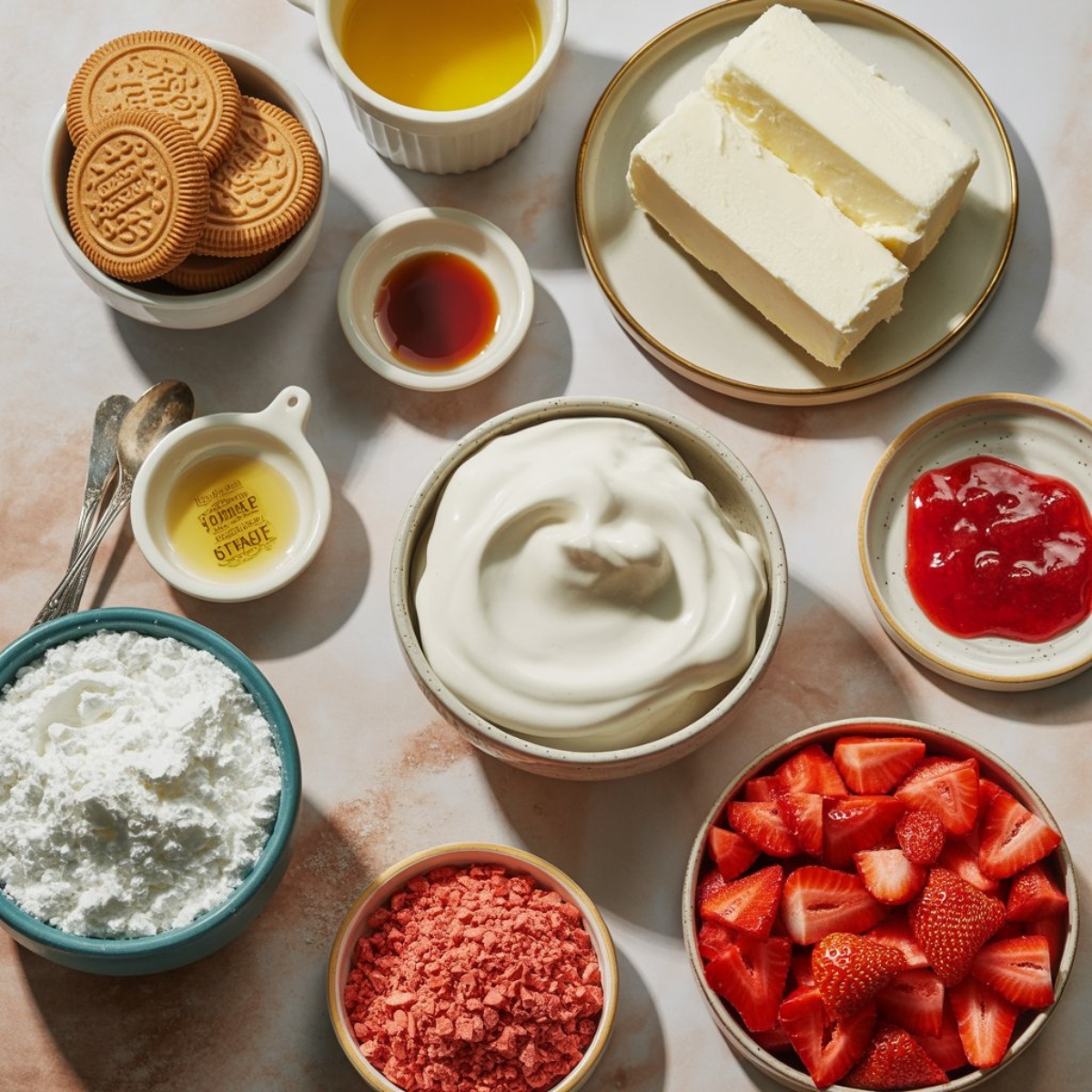 Flat lay of ingredients for strawberry crunch cheesecake with cookies, cream cheese, and strawberries