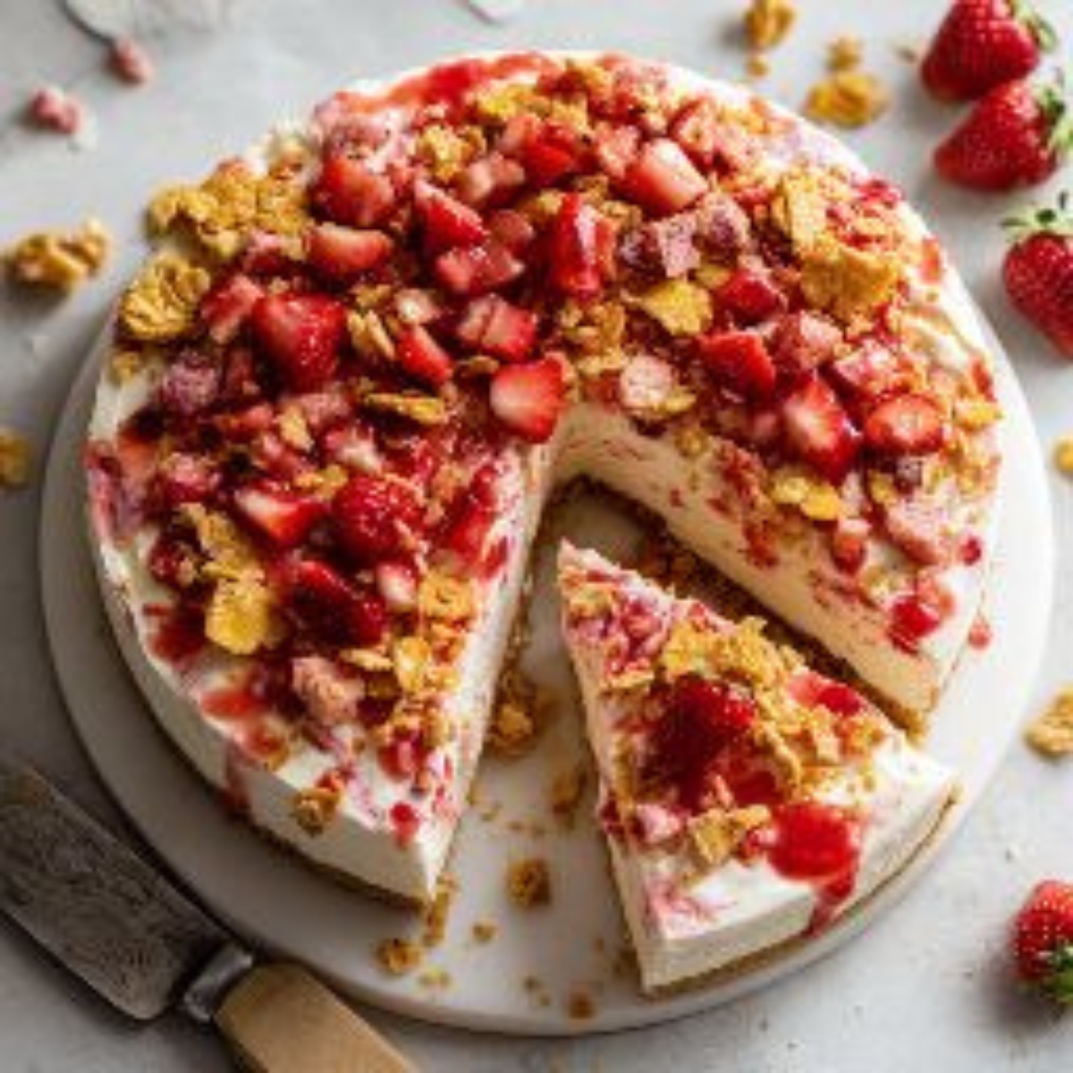 No bake strawberry crunch cheesecake with golden Oreo crust and fresh strawberry topping