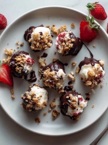 Homemade strawberry yogurt clusters with chocolate coating on white kitchen counter