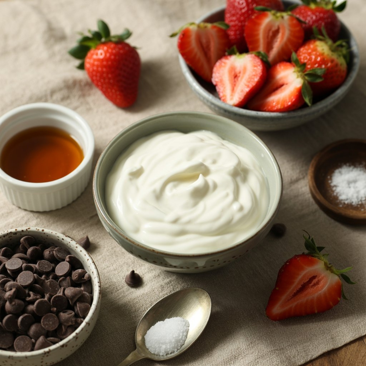 Ingredients for strawberry yogurt clusters with yogurt, strawberries, honey, and chocolate on white counter