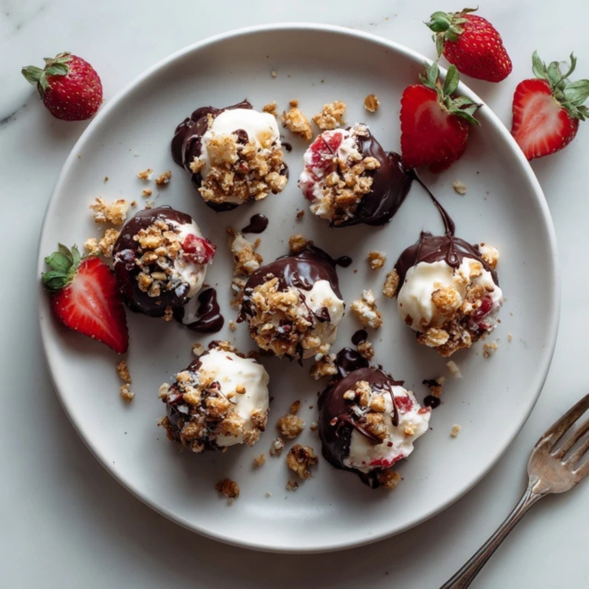 Homemade strawberry yogurt clusters with chocolate coating on white kitchen counter