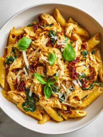 creamy sun dried tomato chicken pasta with basil and Parmesan
