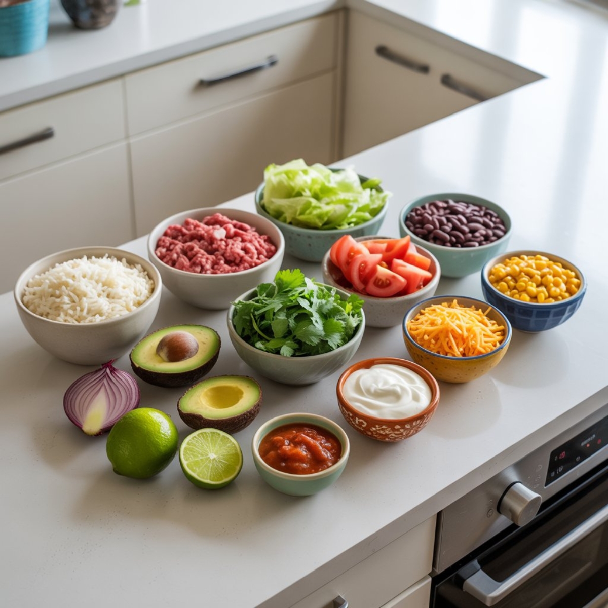 Fresh taco rice bowl ingredients on kitchen counter