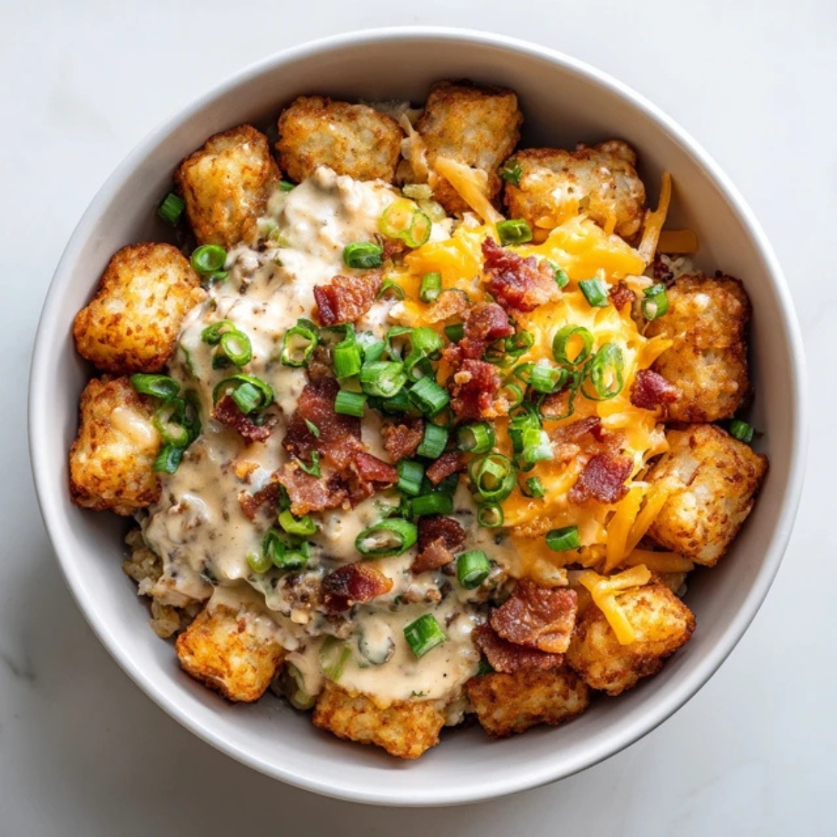 Hearty tater tot breakfast bowl with eggs, sausage gravy, and cheese