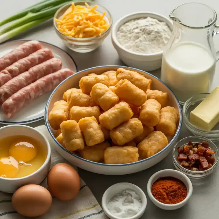 Ingredients for tater tot breakfast bowl with eggs, sausage, cheese, and tater tots
