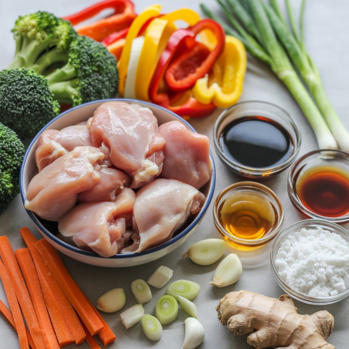 Fresh ingredients for homemade teriyaki chicken stir fry on kitchen counter