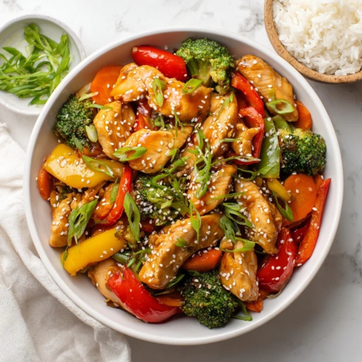Homemade teriyaki chicken stir fry with vegetables and rice in white bowl