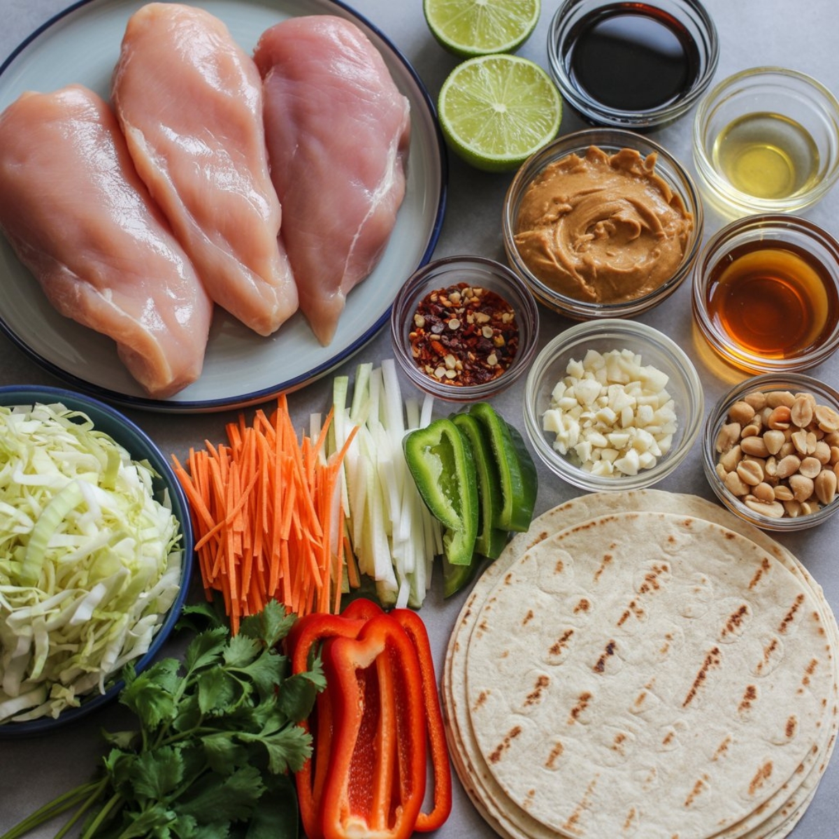 Ingredients for Thai Peanut Chicken Wraps on kitchen counter