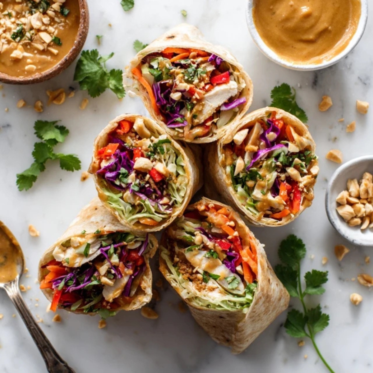 Thai Peanut Chicken Wraps with peanut sauce on white kitchen counter