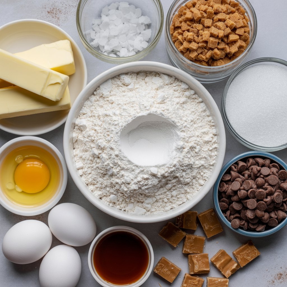 Toffee cookies ingredients flat lay on kitchen counter